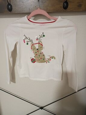 Isaac Mizrahi White Long-Sleeve Glitter Reindeer Cat Tee